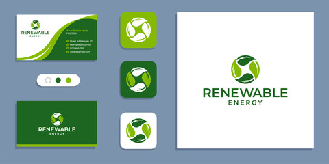 Nature, circle of leaf, renewable energy logo and business card design inspiration template