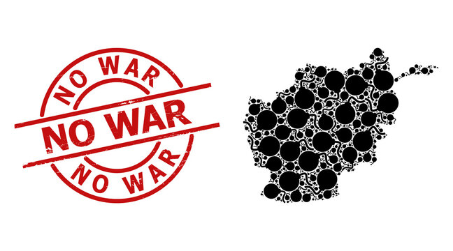 Textured No War stamp seal, and bomb collage of Afghanistan map. Red round stamp seal has No War caption inside circle. Afghanistan map mosaic is made of bomb rotated parts.