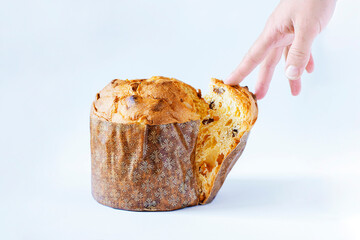 Hand taking a slice of traditional italian panettone