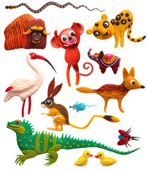 set of funny animals, plasticine, volumetric