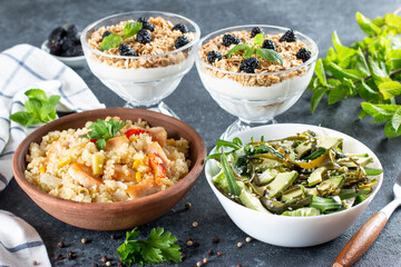 Three-course set menu for a nutritious healthy lunch. Three course set on a table in a business lunch, food set lunch. Full set of three dishes for lunch