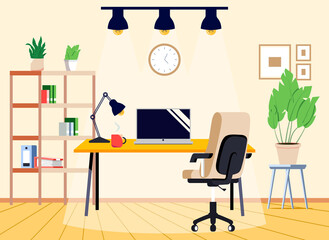 Workplace at home with office desk, chair, computer and plants. Work cabinet design. Empty office workspace room interior. Cartoon vector interior illustration.