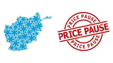 Textured Price Pause badge, and simple snowflake mosaic of Afghanistan map. Red round stamp seal has Price Pause title inside circle.