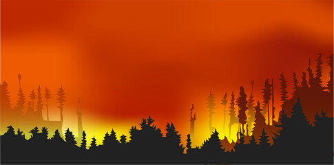 Forest fires , wildfire disaster illustration, burning trees, nature in danger vector design. Natural ecology disaster. Burning trees and blaze wood at night. Flaming woodland.