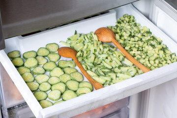 Frozen green cucumbers. Chopped cucumbers in the freezer. Frozen Food