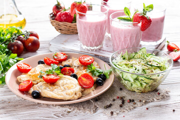Three-course set menu for a nutritious healthy lunch. Three course set on a table in a business lunch, food set lunch. Full set of three dishes for lunch