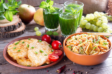 Three-course set menu for a nutritious healthy lunch. Three course set on a table in a business lunch, food set lunch. Full set of three dishes for lunch