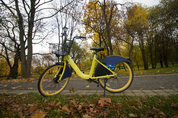 Fototapeta premium Mountain bike in the autumn park. Around the yellow autumn leaves.