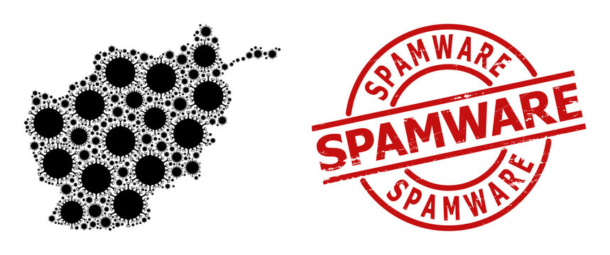 Scratched Spamware stamp seal, and flu virus collage of Afghanistan map. Red round stamp has Spamware caption inside circle. Afghanistan map collage is made from flu virus rotated dots.