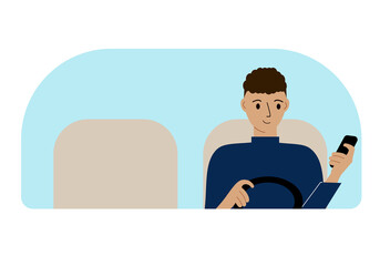 Illustration of a man with one hand controls a car and a mobile phone in the other hand