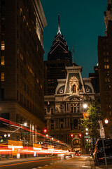 Fototapeta na wymiar Night over Philadelphia, Town Square Long Exposure Liberty One