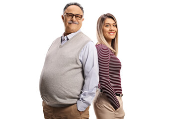 Father and daughter posing back to back