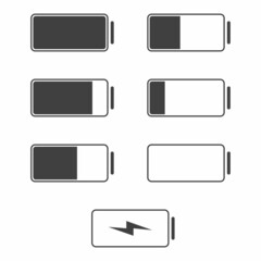 Battery charge indicators set. Symbol of different level of accumulator charge. Discharged and fully charged battery. Car, smartphone, laptop, wireless charging energy monochrome battery sign. Vector