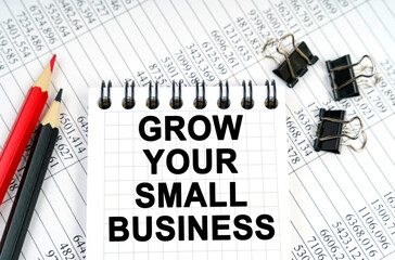 On the table are reports, pencils and a notebook with the inscription - GROW YOUR SMALL BUSINESS