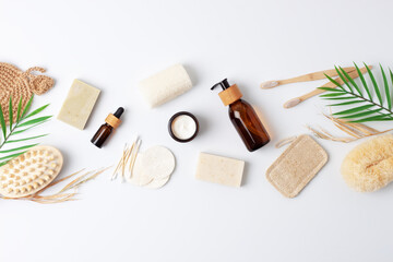 Zero waste, sustainable and eco-friendly lifestyle. Set of eco friendly natural cleaning products on white background. Flat lay, copy space