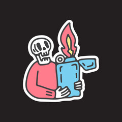 Skull holding big matches gas illustration. Vector graphics for t-shirt prints and other uses.