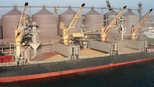 Drone video - loading grain into holds of sea cargo vessel through an automatic line in seaport from silos of grain storage. Bunkering of dry cargo ship with grain