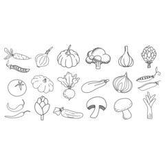 Collection of doodle outline vegetables icon. Black hand drawn vegetables on white background. Vector illustration for icon, logo, print, card, emblem, label, food menu, web