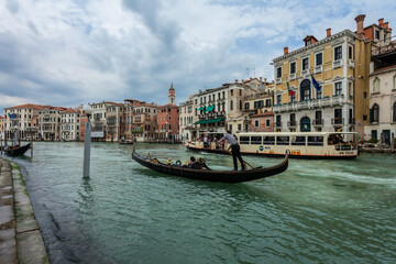 Great Venice.The narrow, black boats of Venice.