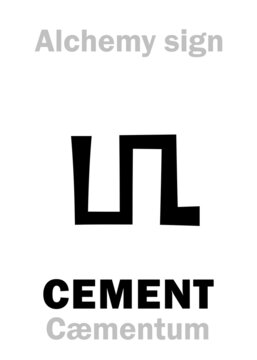 Alchemy Alphabet: CEMENT (Cæmentum "crushed stone, broken stone"), binder powdery substance made with calcined lime and clay, used for construction that sets and hardens. Alchemical Medieval symbol.