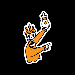 Funny king skull holding bag of gold illustration. Vector graphics for t-shirt prints and sticker.