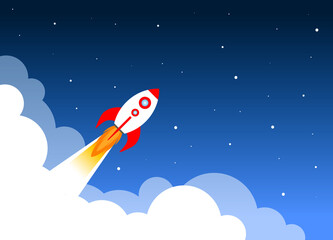 Cartoon rocket take off on dark blue background. Spaseship astronave flat icon design. Start up, business growth, project management, market launch product concept. Vector illustration.