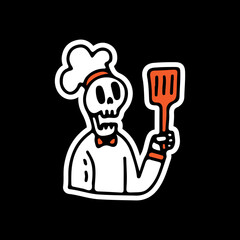 Chef skull holding spatula illustration. Vector graphics for t-shirt prints and other uses.