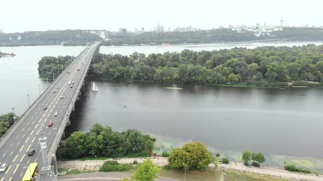 Paton Bridge across the Dnipro river in Kyiv, Ukraine. Aerial view