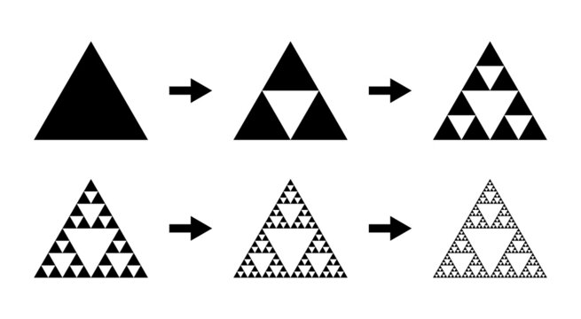 Evolution of the Sierpinski triangle. Steps constructing mathematical geometric endless fractal Sierpinski gasket. Pyramid with an infinite pattern isolated on white