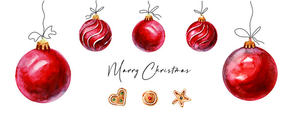 Christmas collection of balls for a Christmas tree. Decoration for the holiday in watercolor. Hand painted watercolor iluustration. Vector elements isolated on white background