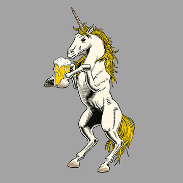 Unicorn drinking beer, isolated on white background. Funny royal heraldic symbol. Rearing horse. Comic style vector illustration.