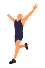 Fototapeta na wymiar The winning athlete in a blue suit runs with his hands raised up isolated on a white. Vector illustration