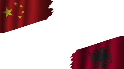 Albania and China Flags Together, Wavy Fabric Texture Effect, Obsolete Torn Weathered, Crisis Concept, 3D Illustration