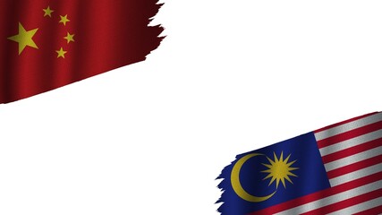 Malaysia and China Flags Together, Wavy Fabric Texture Effect, Obsolete Torn Weathered, Crisis Concept, 3D Illustration
