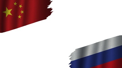 Russia and China Flags Together, Wavy Fabric Texture Effect, Obsolete Torn Weathered, Crisis Concept, 3D Illustration