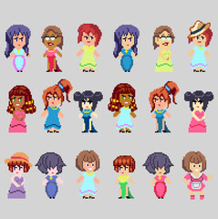 Fototapeta na wymiar Set of pixel characters in art style
