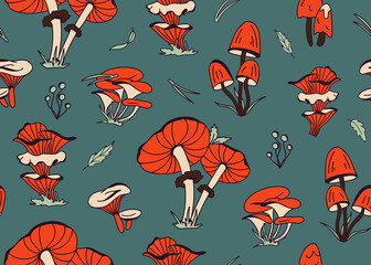 Hand-drawn vector seamless pattern with mushrooms in orange, beige, brown and green on a dark background. Illustration in retro and cottage-core style with plants of the autumn forest.