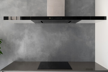 Glass induction cooktop and electric vent exhaust above