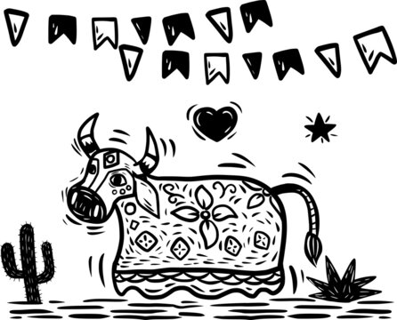 Festa tradicional brasileira. Boi bumb&aacute; no estilo xilogravura e literatura de cordel.