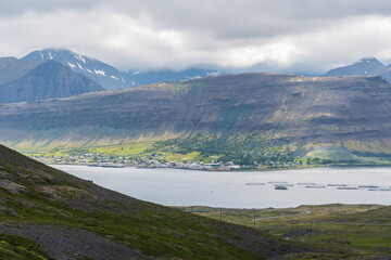 View over Dyrafjordur fjord towards town of Thingeyri in Iceland