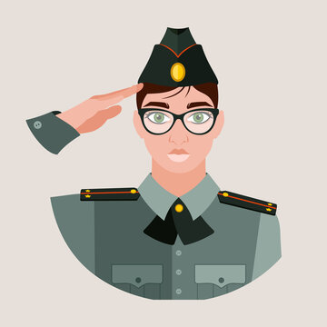An avatar of a woman in an officer's shirt with glasses and a forage-cap on head salutes the senior officer. Military women. Flat vector illustration.