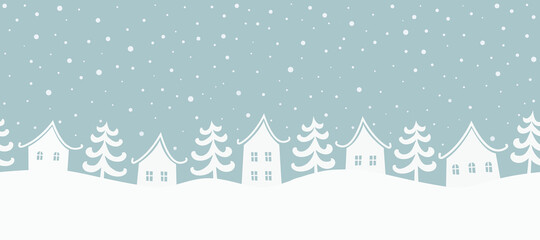 Fototapeta na wymiar Christmas background. Winter landscape. Seamless border. There are white houses and fir trees on a gray-blue background. Winter village. Vector illustration