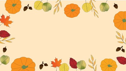 Bright colored autumn leaves and orange pumpkins around border of illustration making a frame, on pale orange background. Fall, seasonal, Thanksgiving. Copy space.