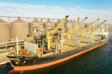 ODESSA, UKRAINE - August 9, 2021: Loading grain into holds of sea cargo vessel through an automatic line in seaport from silos of grain storage. Bunkering of dry cargo ship with grain - obrazy, fototapety, plakaty