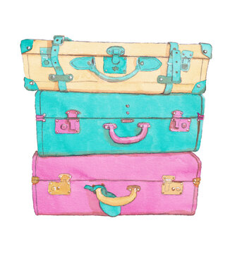 Baggage. A stack of vintage suitcases in bright colors. 