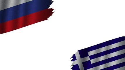 Greece and Russia Flags Together, Wavy Fabric Texture Effect, Obsolete Torn Weathered, Crisis Concept, 3D Illustration