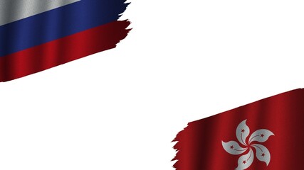 Hong Kong and Russia Flags Together, Wavy Fabric Texture Effect, Obsolete Torn Weathered, Crisis Concept, 3D Illustration