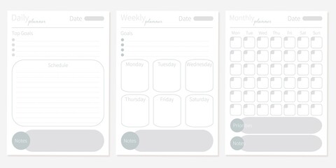 Modern collection of daily weekly monthly planner printable template with grey ellements. Collection of note paper, to do list, stickers templates. Blank white notebook page A4