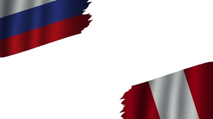 Peru and Russia Flags Together, Wavy Fabric Texture Effect, Obsolete Torn Weathered, Crisis Concept, 3D Illustration