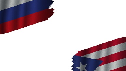 Naklejka premium Puerto Rico and Russia Flags Together, Wavy Fabric Texture Effect, Obsolete Torn Weathered, Crisis Concept, 3D Illustration